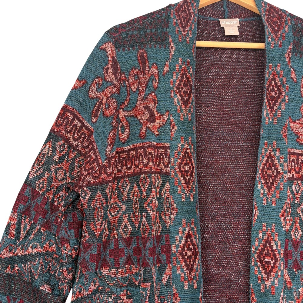 Chicos Womens Size 2 L Teal Burgundy Metallic Intarsia Duster Cardigan Sweater